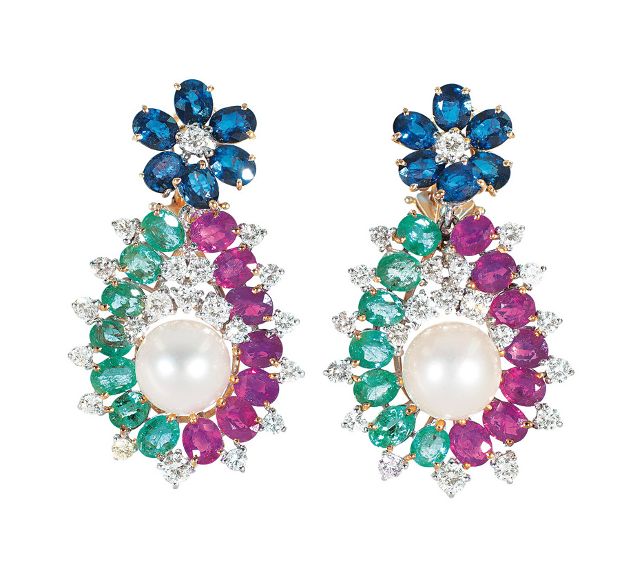 A pair of ruby emerald sapphire earpendants with pearls and diamonds