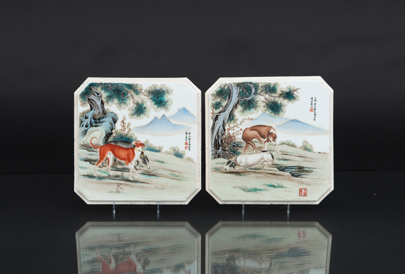 Satz von 4 feinen Porzellan-Bildern mit Jagdhunden nach Giuseppe Castiglione - Bild 2