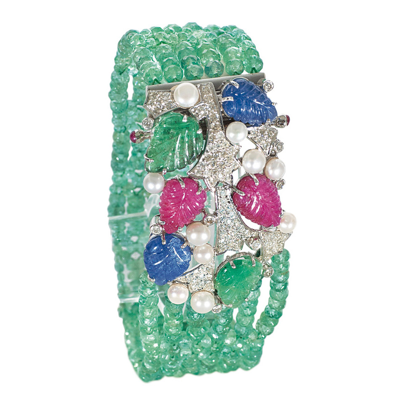 An emerald ruby sapphire bracelet with diamond in Tutti-Frutti style