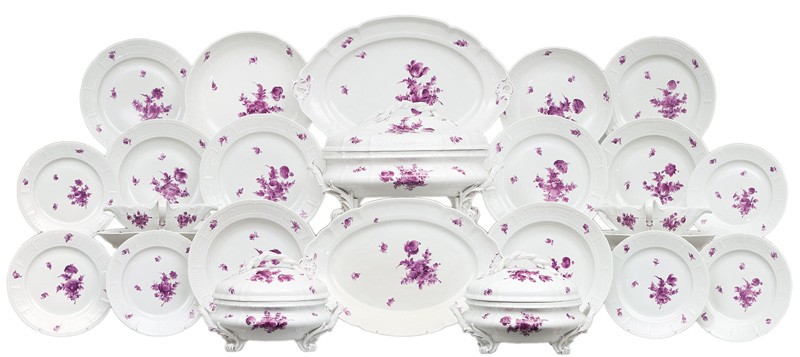An extensive dinner-service with purple flower-painting for 12 persons