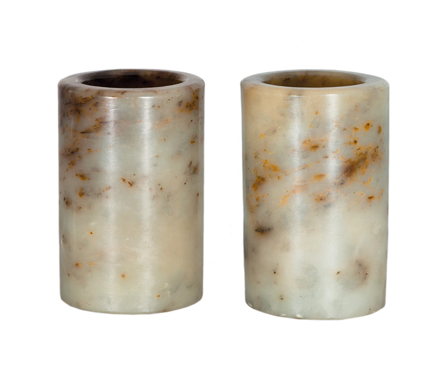 A pair of celadon jade cylindrical brush pots
