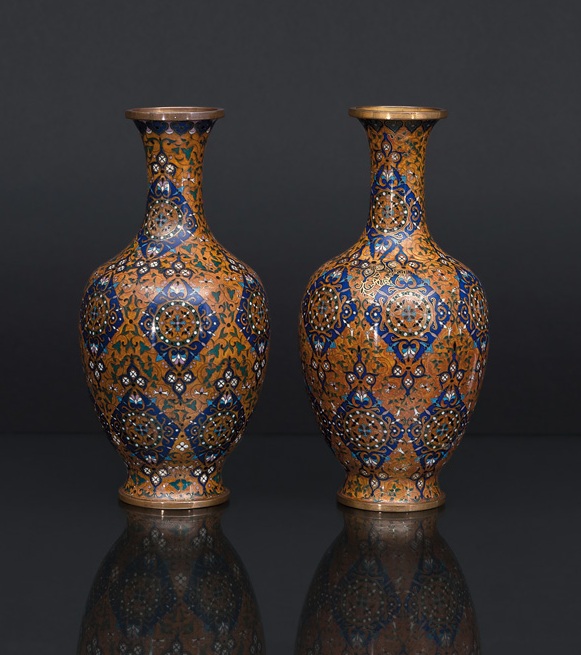 A pair of fine cloisonné vases with rare ornamental decoration