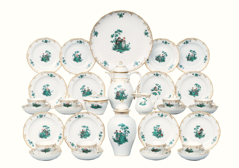 A coffee set copper-green 'Watteau' painting für 12 persons