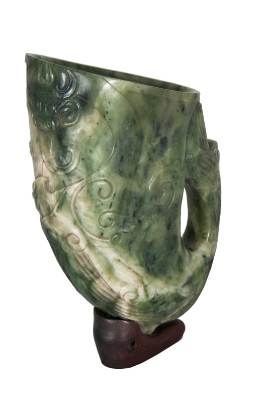 A archaistic spinach-green jade rhyton cup