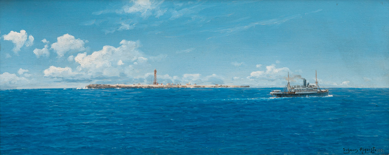 Dampfschiff vor felsiger Küste mit Funkturm