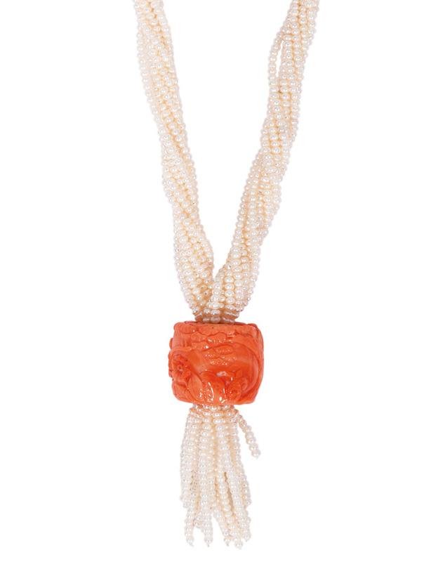 An antique coral jewellery centerpiece with seedpearl necklace