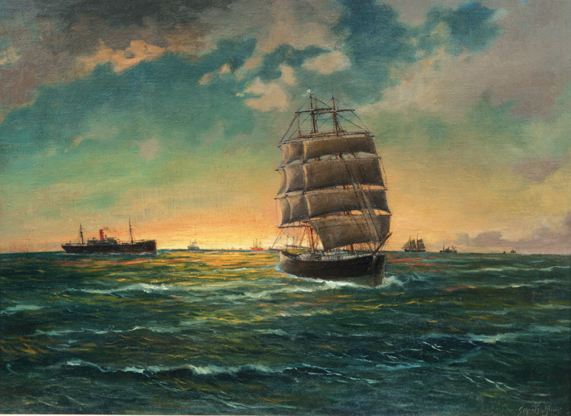 Schiffsverkehr bei Sonnenuntergang