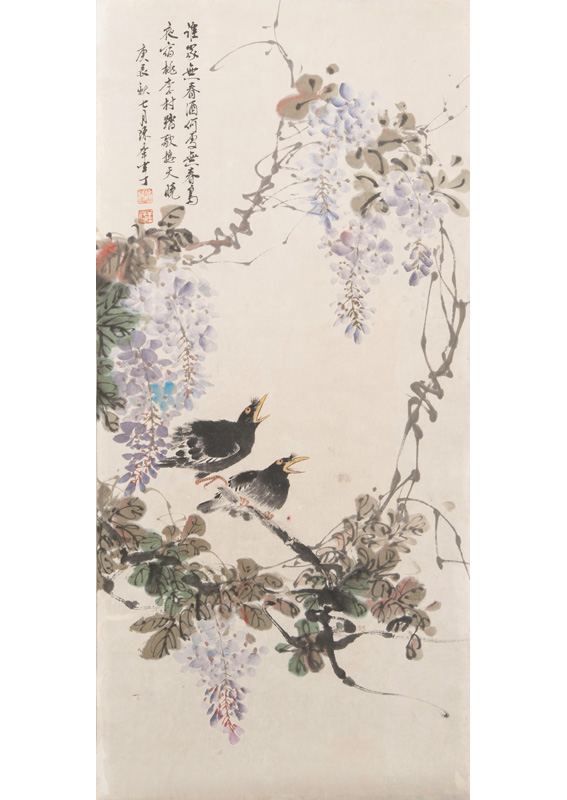 A pair of blackbirds on a wisteria branch