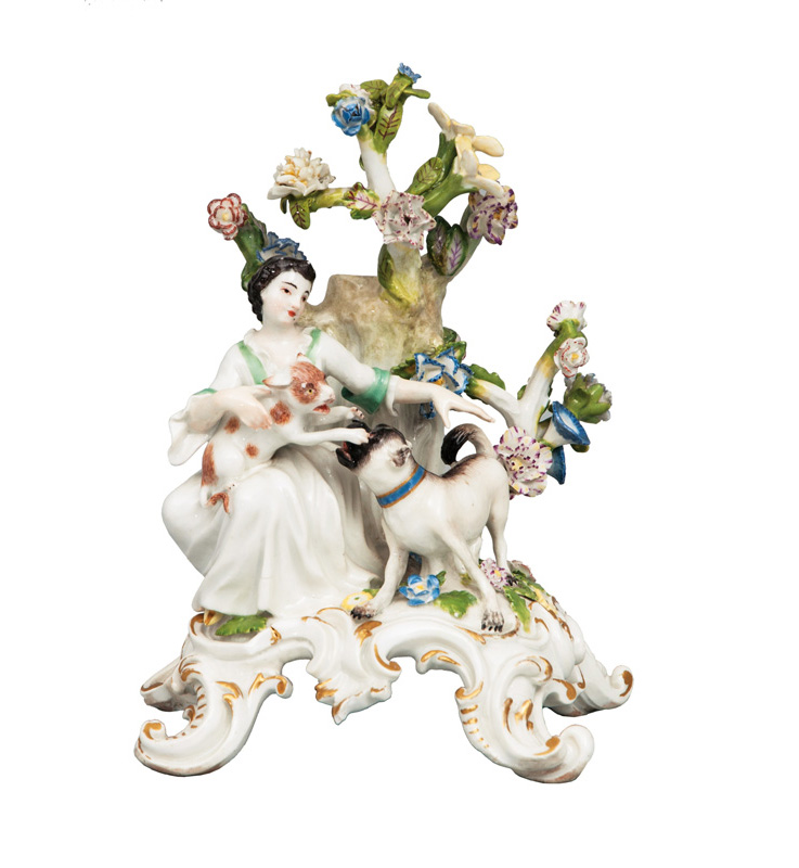 A figural group 'Lady with pug dog and cat'