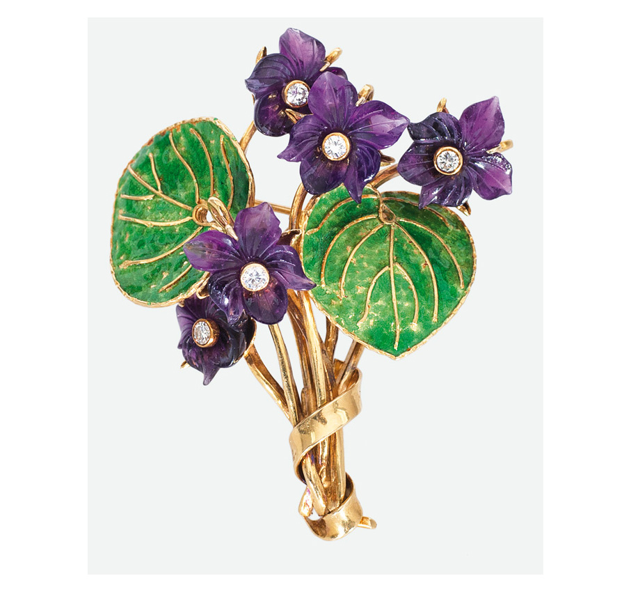 An amethyst enamel flower brooch with diamonds