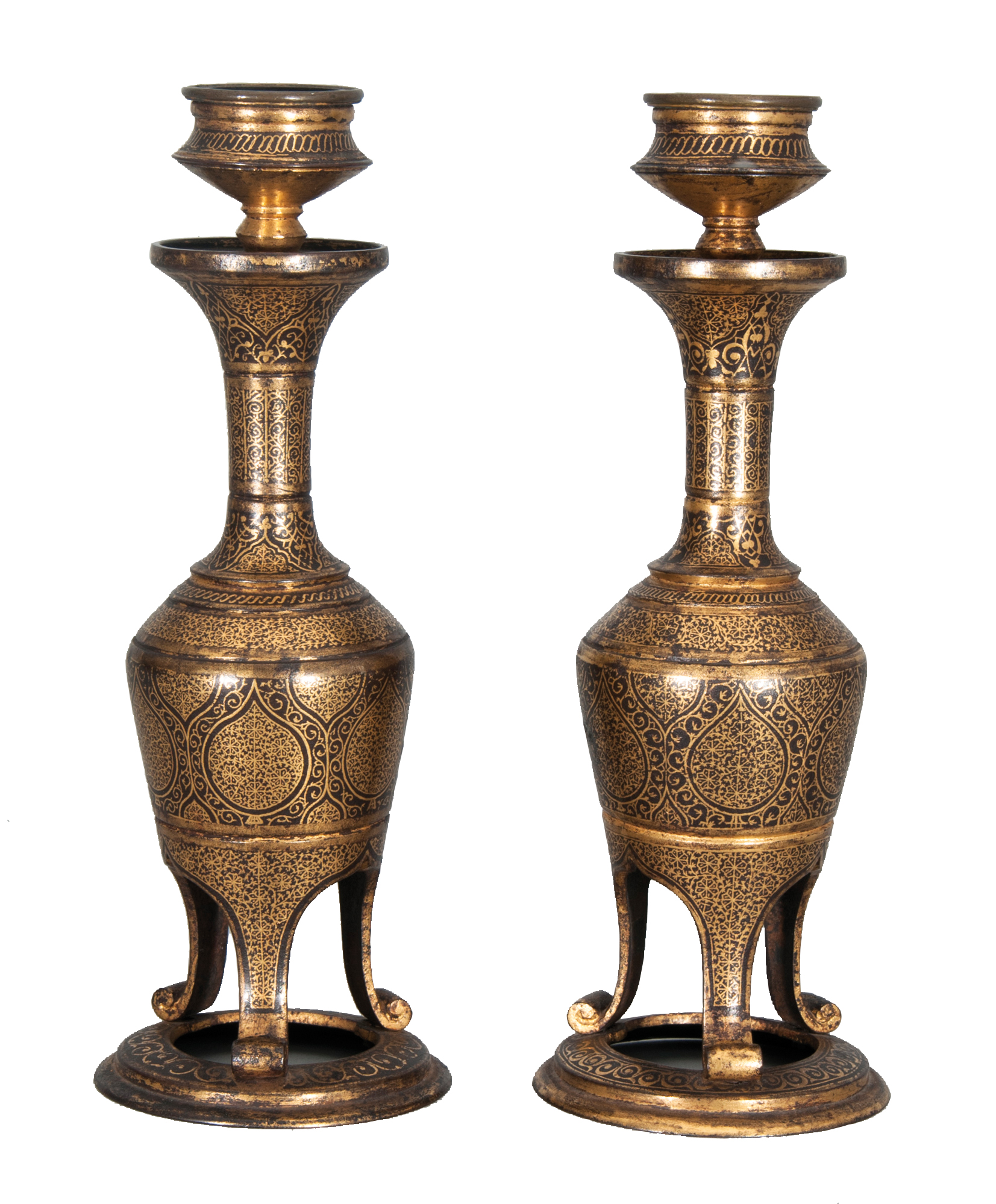 A pair of fine 'koftgari' candlesticks