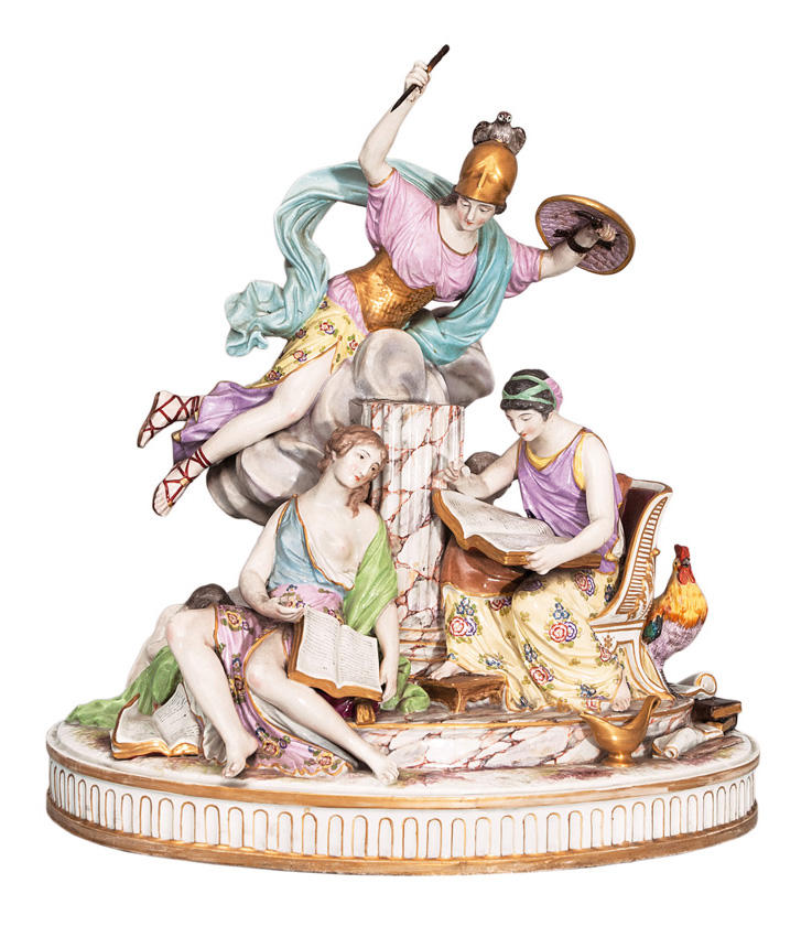 - A tall myhtological figural group 'The goddess Athena as guardian of the arts' A tall myhtological figural group 'The goddess Athena as guardian of the arts'