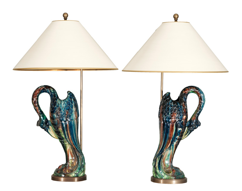 Paar Tischlampen mit Jugendstil-Figuren 'Reiher'