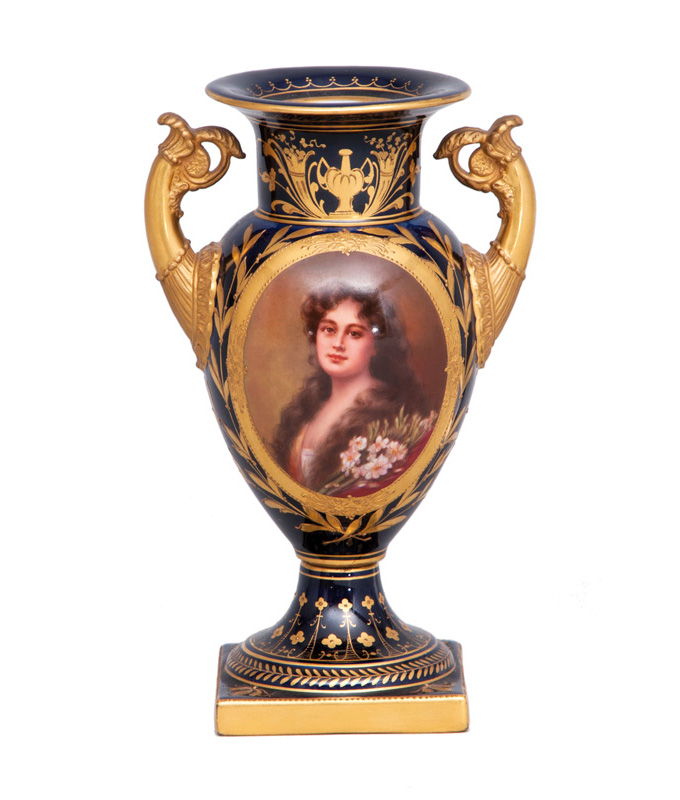 A small cobalt-blue amphora vase with portrait of a lady