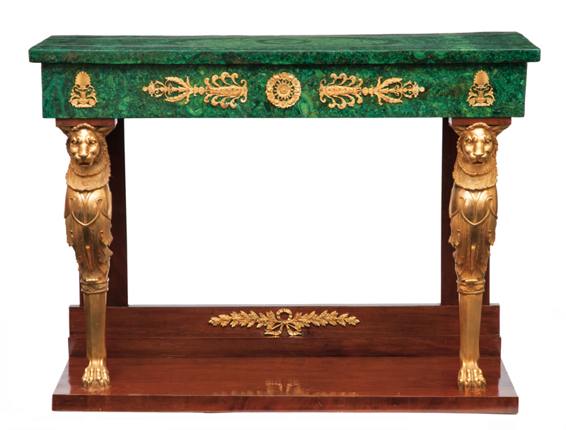 An extraordinary malachite console table in the style of Empire