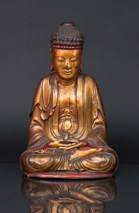 A tall wooden and gilt lacquered Buddha 'Shakyamuni'