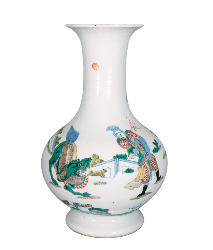 A 'Famille Verte' vase with Qilin and warrior