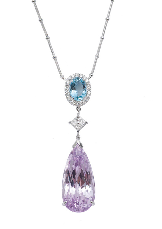 A diamond aquamarine kunzite necklace with matching earrings