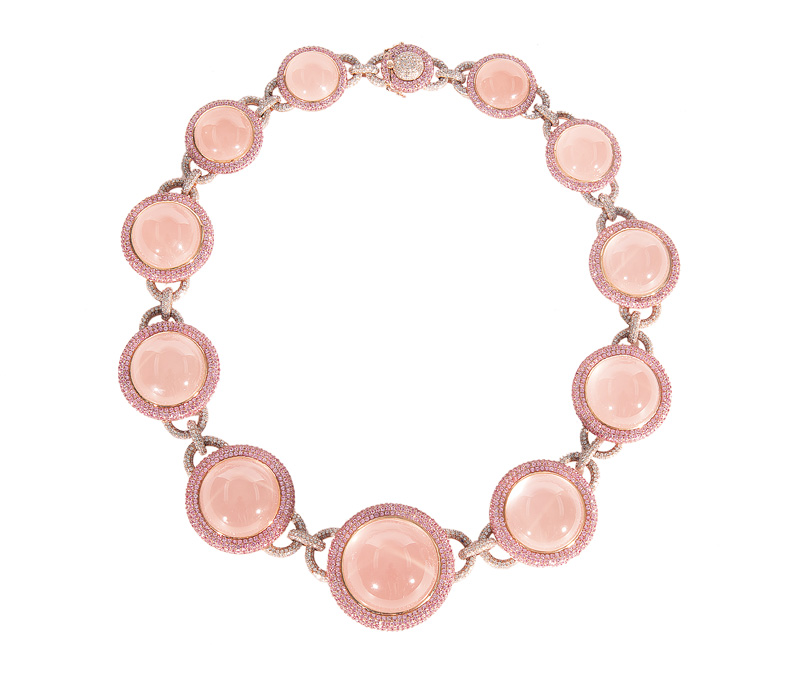 A pink-sapphire rosequartz necklace with diamonds