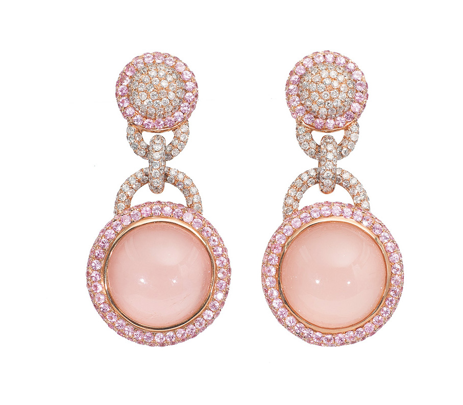 A pair of pink-sapphire rosequartz earpendants with diamonds
