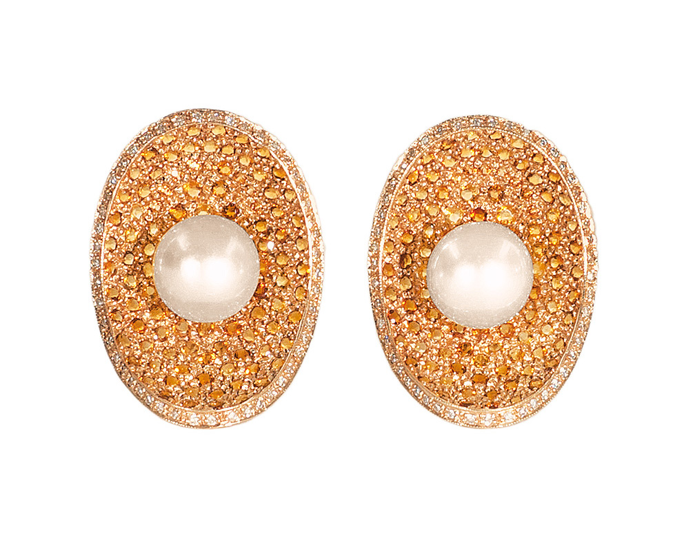 A pair of citrine diamond earrings with pearl