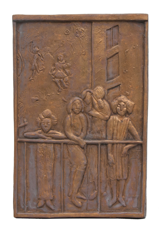 Bronze-Relief 'Kinder auf dem Balkon'