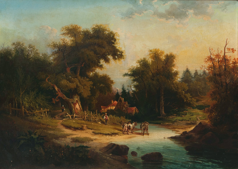 Landschaft mit Gehöft und Kühen am Bach