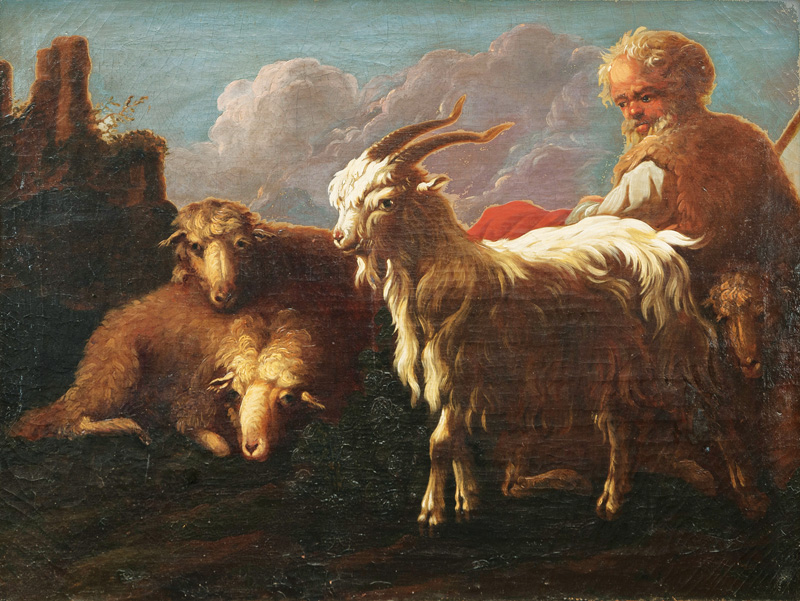 Hirte mit Ziege und Schafen