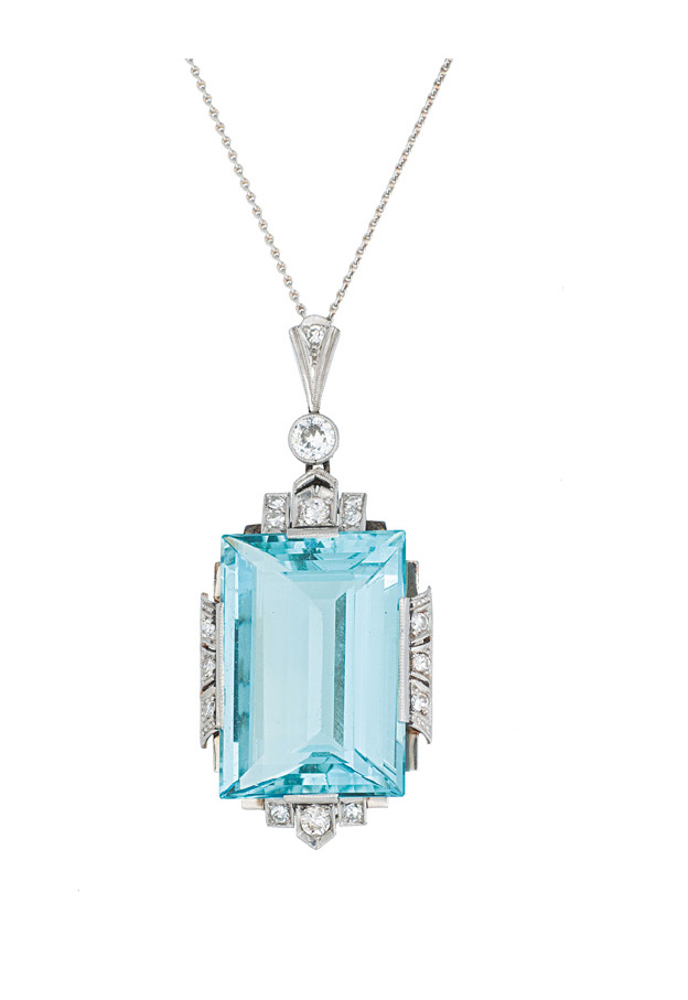 An Art-Déco aquamarine pendant with diamonds