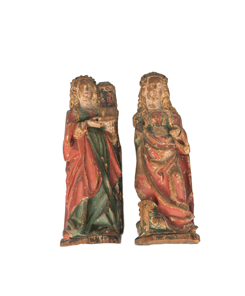 Paar gotischer Holzskulpturen 'Hl. Barbara und Hl. Margareta'