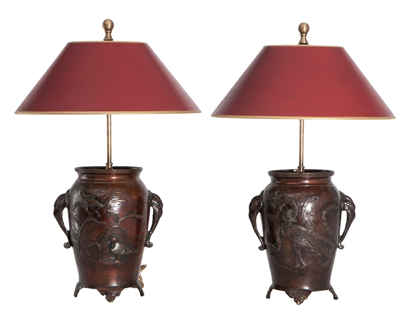 A pair of bronze vase lamps with phoenix birds