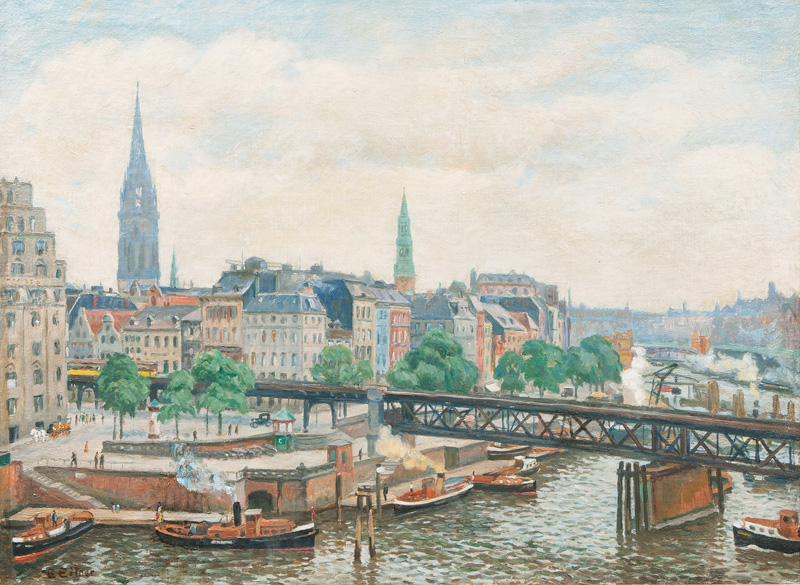 Hamburg, View on the Metro with the Churches St. Nicolai and St. Katharinen