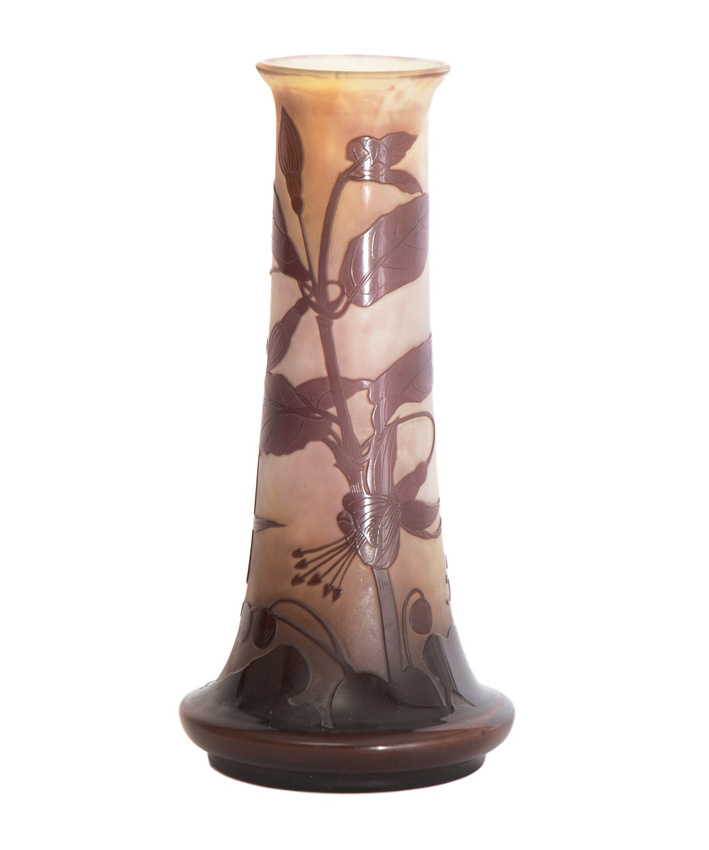 An Art Nouveau glass vase with fuchsias