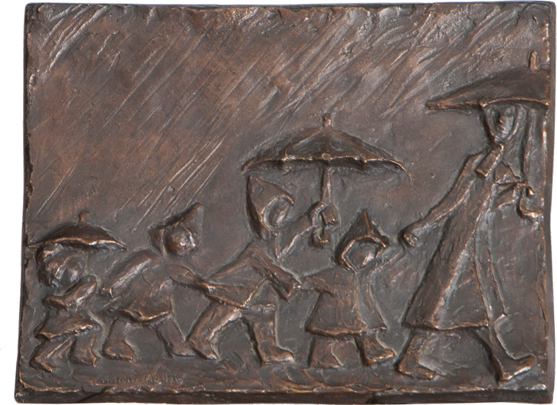 A bronze relief 'Walk in the rain'