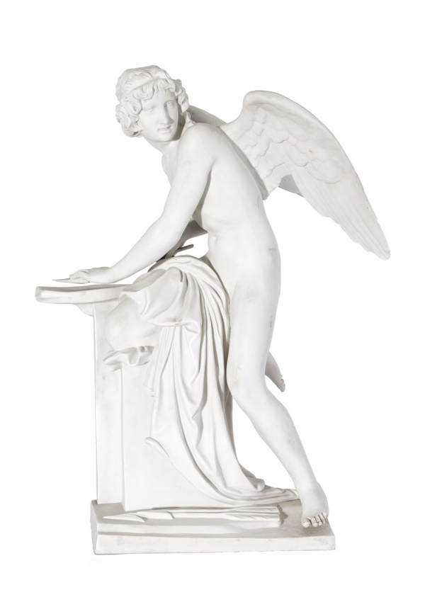 An exceptional biscuit porcelain figure 'Cupid grinding his arrow'