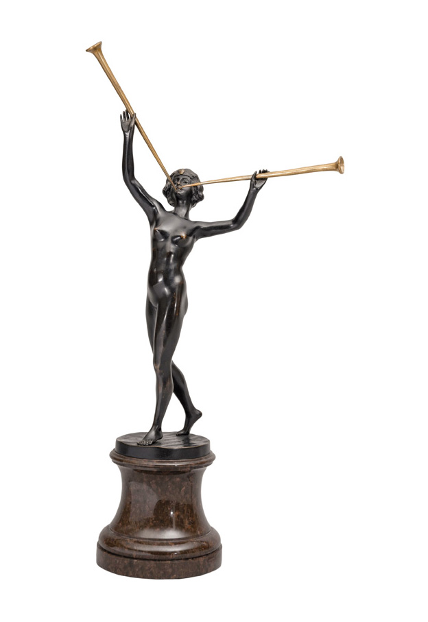 Bronze-Figur 'Posaune spielender Frauenakt'
