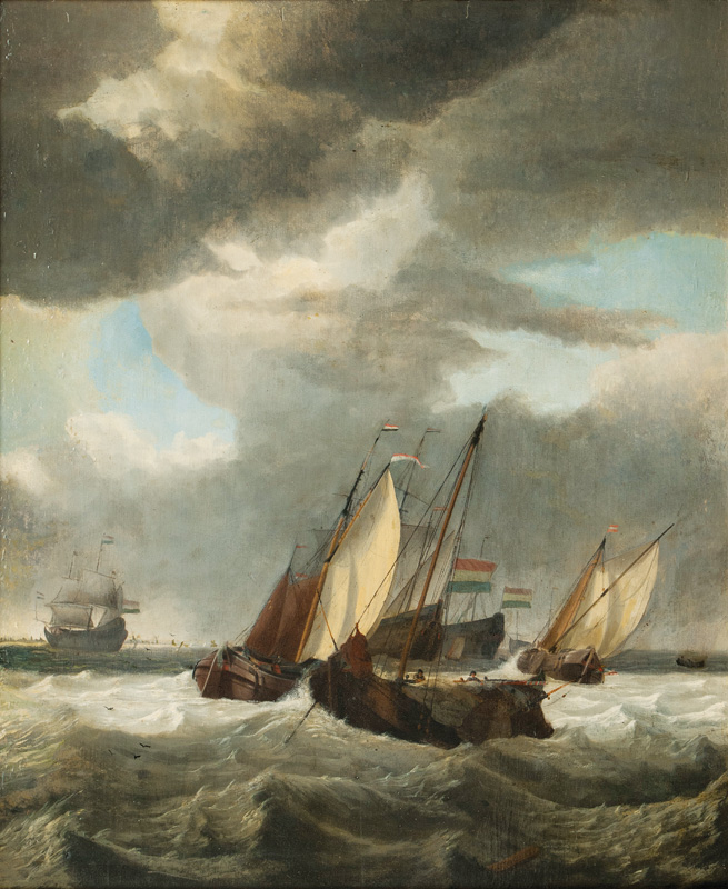 Holländische Kriegsschiffe und Küstenfahrer in bewegter See