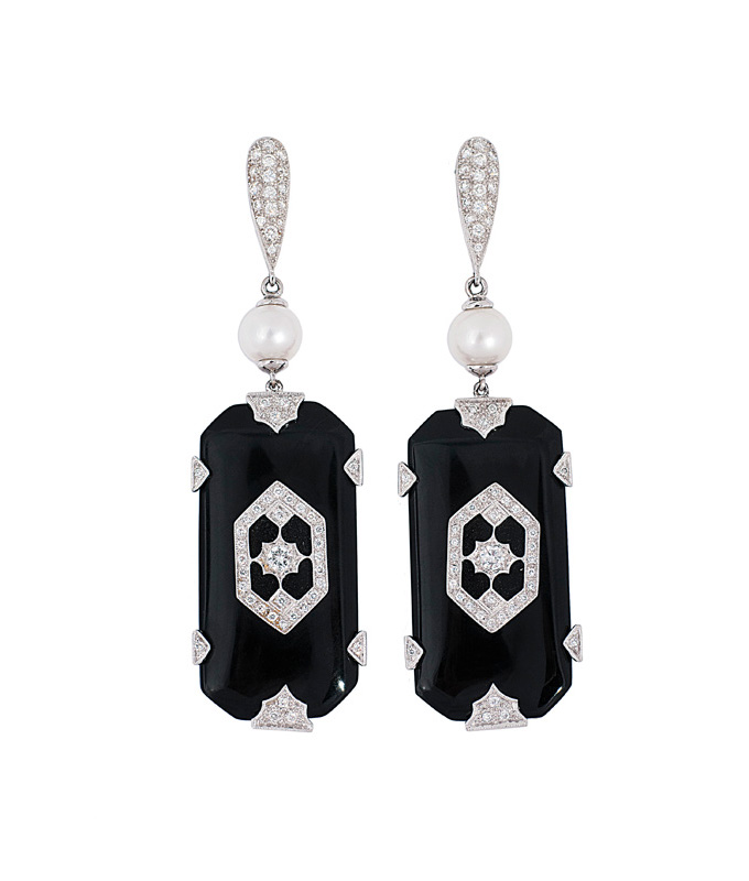 A pair of diamond onyx earpendants