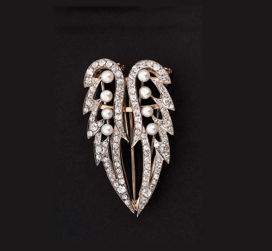 Art-Nouveau-Diamant-Perlen-Brosche
