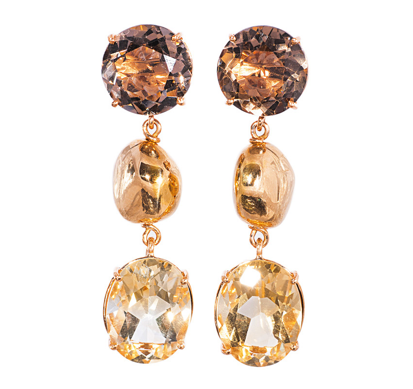 A pair of modern citrine smoky quartz earpendants