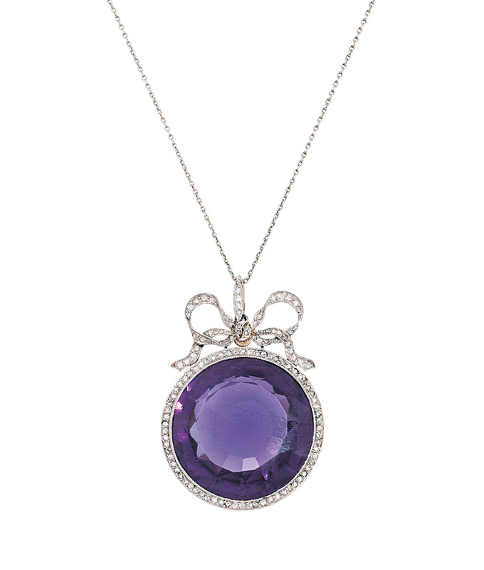 An Art Nouveau amethyst diamond pendant with necklace