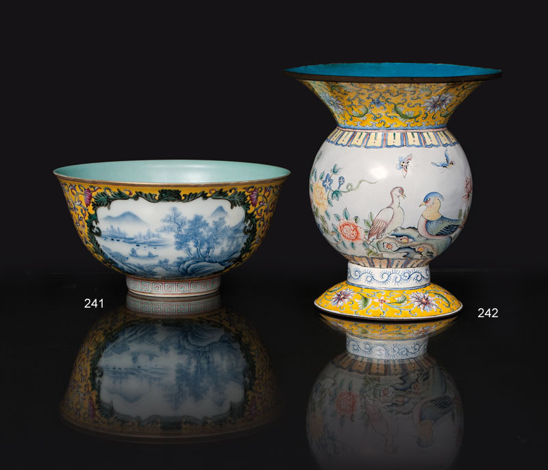 A fine yellow bowl with landscape scenes