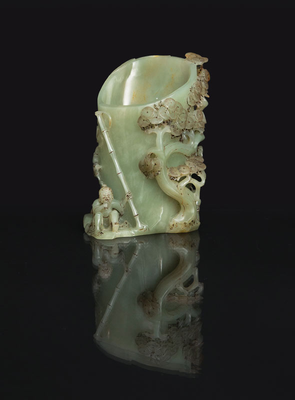 A fine jade brushpot with fisherman