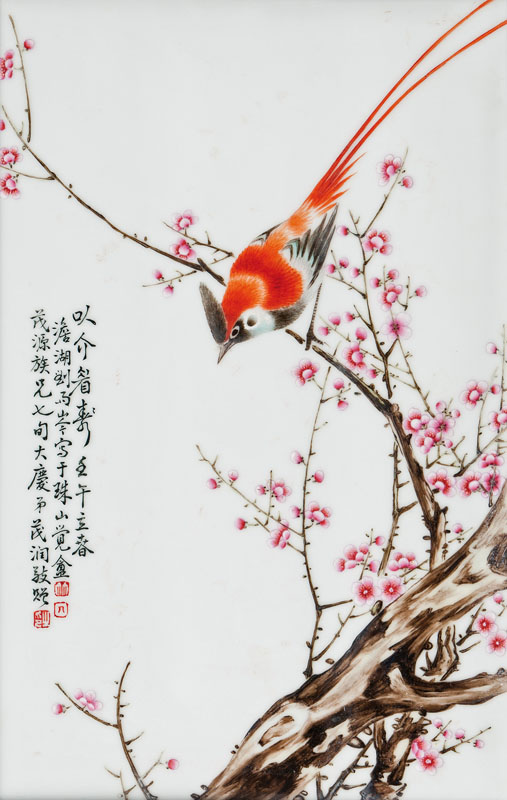Satz von 2 Porzellan-Malereien mit Vögeln