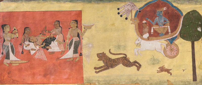 Miniaturmalerei 'Krishna beobachtet die Gopis'