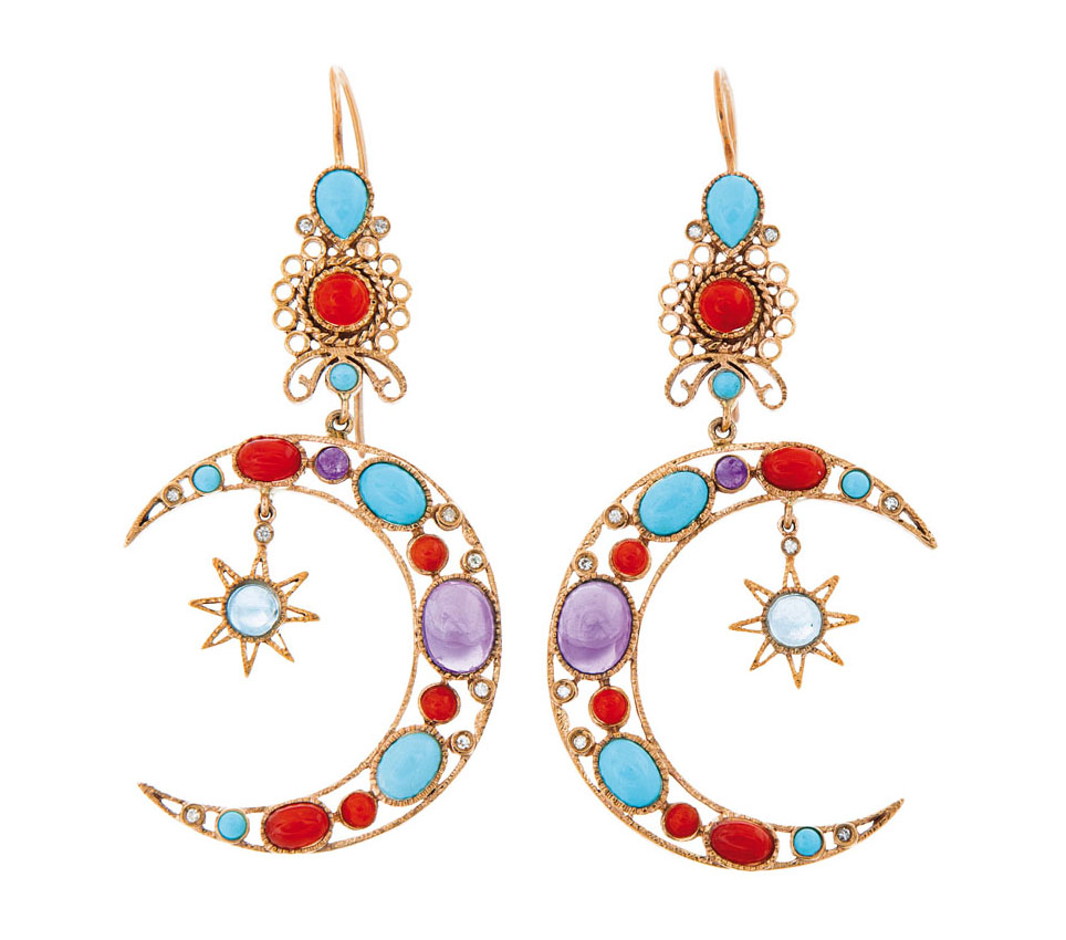 A pair of turquoise coral amethyst earpendants 'Crescent Moon'
