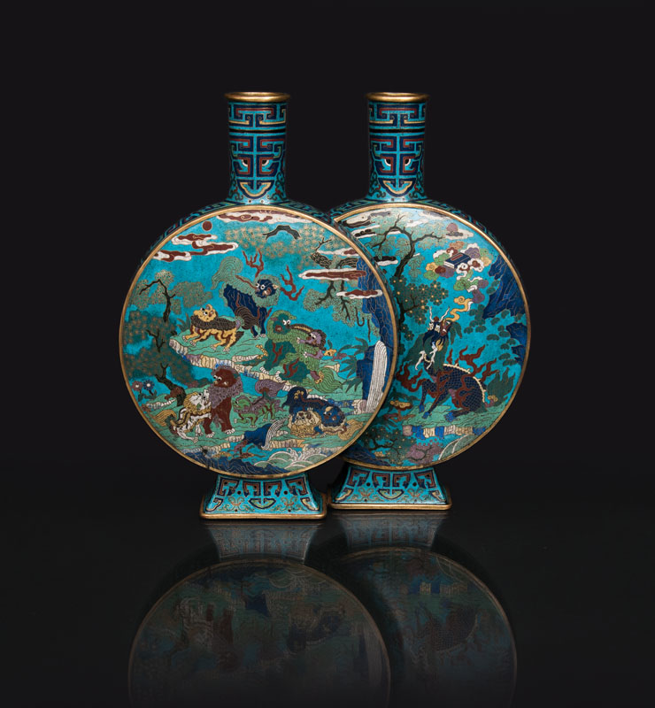 An exceptional cloisonné conjoined double vase with mythical beasts and dragons