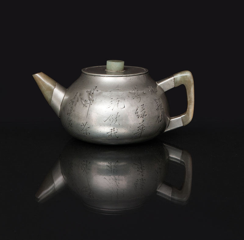 A pewter-encased Yixing teapot with poetic inscription