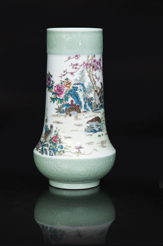A celadon vase with quails