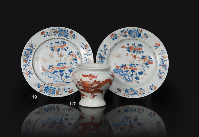 A pair of 'Imari' plates with 'Rock and Bird'